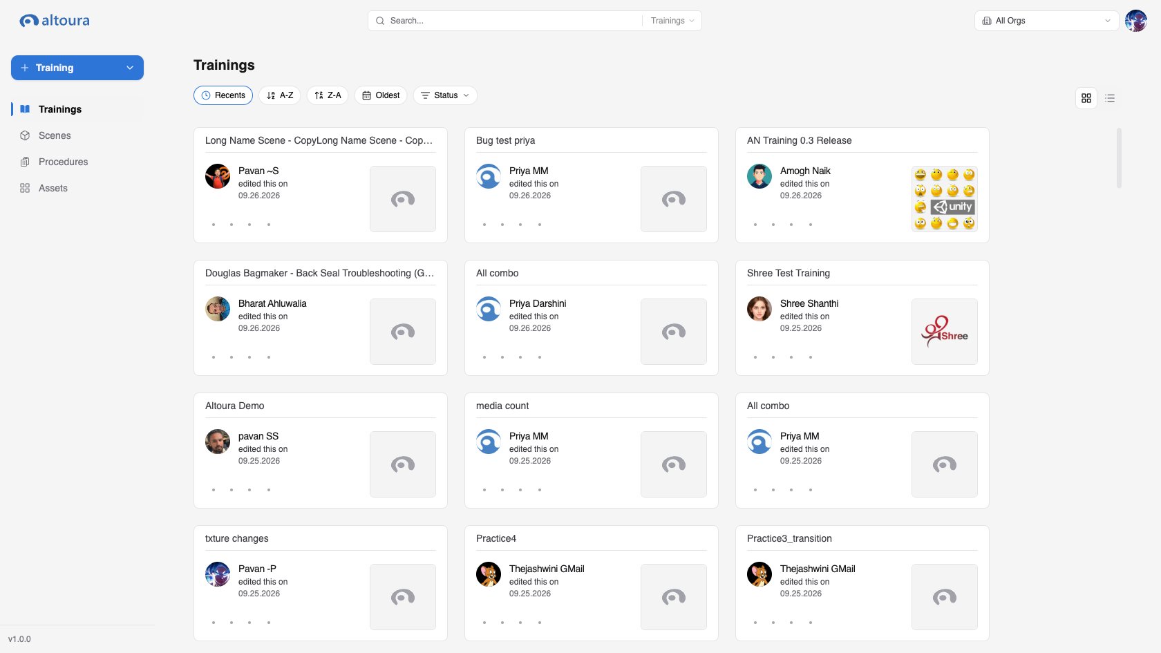 Dashboard Trainings page in grid view with the sidebar, header search, and organization picker