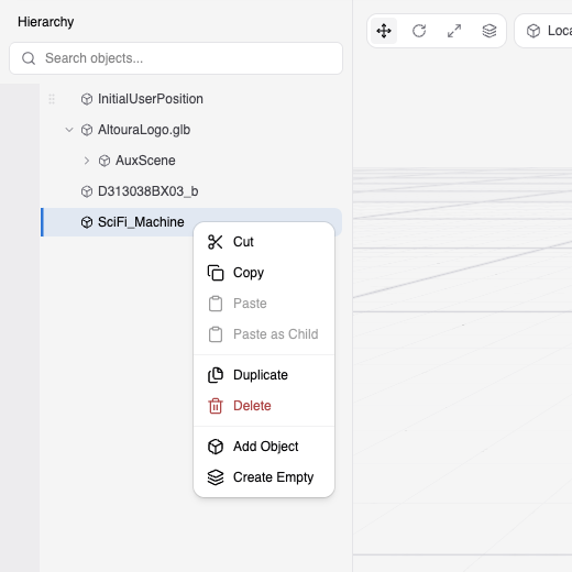 Right-click menu on a Hierarchy row showing Cut, Copy, Paste, Paste as Child, Duplicate, Delete, Add Object, and Create Empty