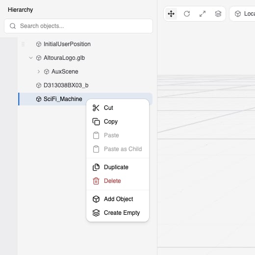 Right-click menu on a Hierarchy row showing Cut, Copy, Paste, Paste as Child, Duplicate, Delete, Add Object, and Create Empty