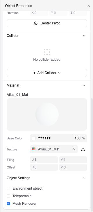 Object Properties pane scrolled to the Material section showing the material name, a preview sphere, Base Color, Texture, Tiling, and Offset, followed by Object Settings