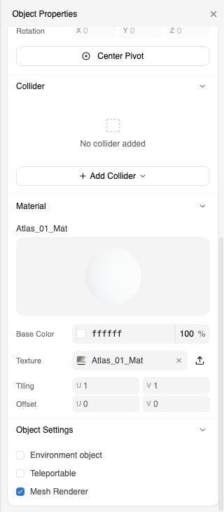Object Properties pane scrolled to the Material section showing the material name, a preview sphere, Base Color, Texture, Tiling, and Offset, followed by Object Settings