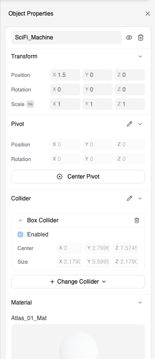 Object Properties pane showing the object name, Transform, Pivot, Collider, and Material sections