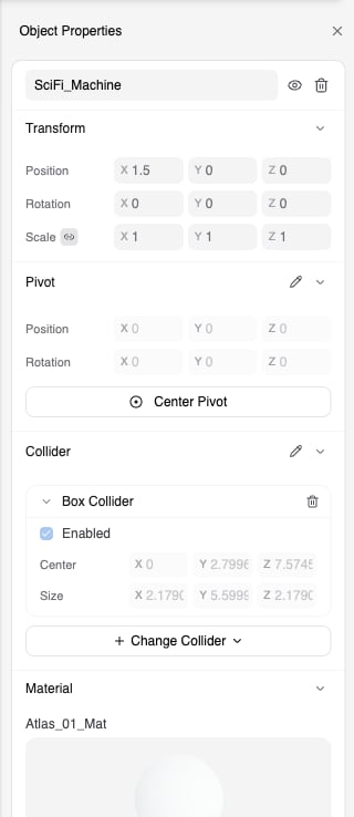 Object Properties pane showing the object name, Transform, Pivot, Collider, and Material sections