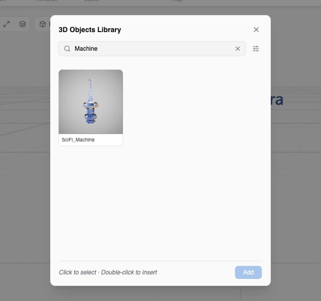 3D Objects Library dialog with the search box containing Machine, a filter button, one matching thumbnail, and the Add button