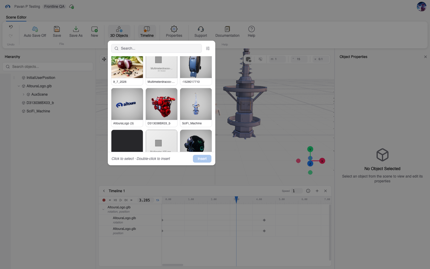 3D Objects popover open from the ribbon with the search box, filter button, asset thumbnails, and the Insert button