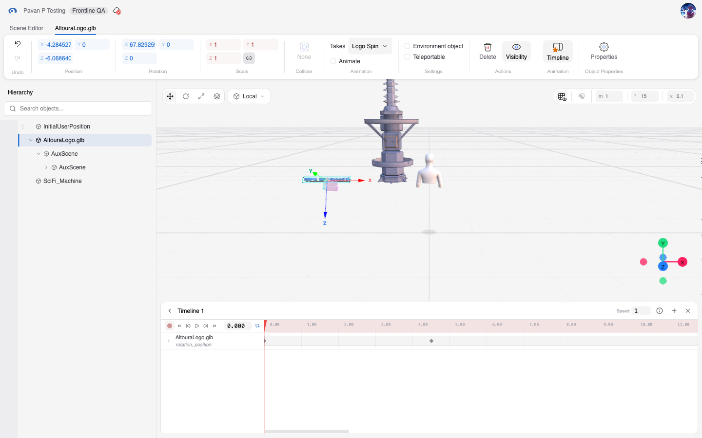 Scene Editor while recording: the Record button is red, the ruler is tinted, and the Position, Rotation, and Scale fields in the ribbon are highlighted