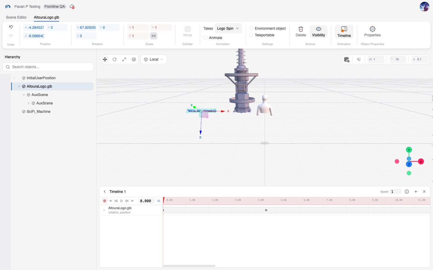 Scene Editor while recording: the Record button is red, the ruler is tinted, and the Position, Rotation, and Scale fields in the ribbon are highlighted