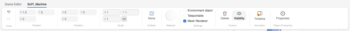 Ribbon with a model selected, showing Position, Rotation, Scale, Collider, Material, Settings, Actions, Animation, and Object Properties groups