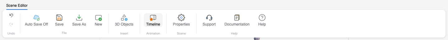 Scene Editor ribbon with nothing selected, showing the Undo, File, Insert, Animation, Scene, and Help groups