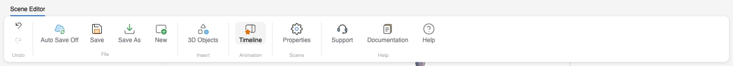 Scene Editor ribbon with nothing selected, showing the Undo, File, Insert, Animation, Scene, and Help groups