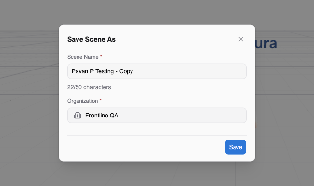 Save Scene As dialog with the Scene Name prefilled as the current name followed by - Copy, the Organization field, and a Save button