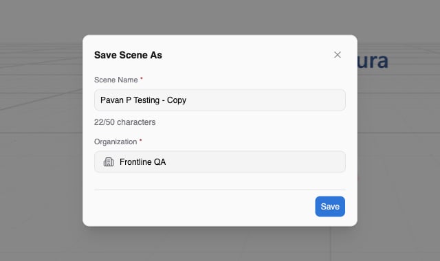 Save Scene As dialog with the Scene Name prefilled as the current name followed by - Copy, the Organization field, and a Save button