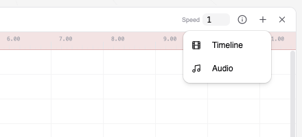 The plus menu in the timeline header open showing Timeline and Audio