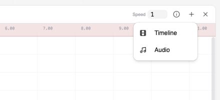 The plus menu in the timeline header open showing Timeline and Audio