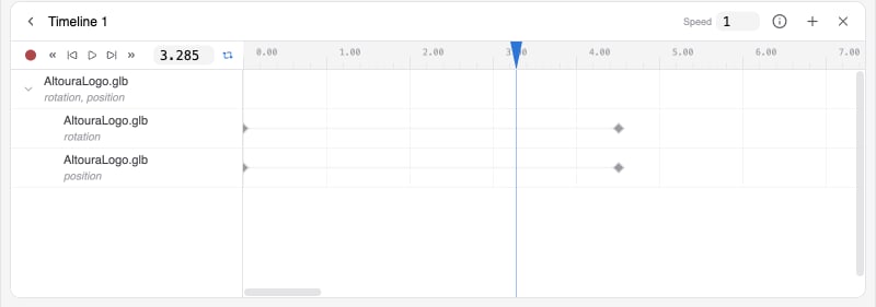 Timeline editor with one object expanded to show rotation and position tracks with keyframes and the playhead at about three seconds