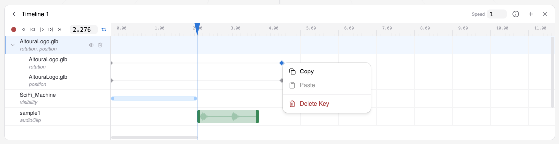 Timeline with rotation and position tracks, a visibility track with a visible block, an audio clip, and a right-click menu on a keyframe showing Copy, Paste, and Delete Key