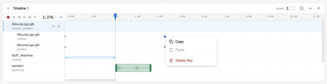 Timeline with rotation and position tracks, a visibility track with a visible block, an audio clip, and a right-click menu on a keyframe showing Copy, Paste, and Delete Key