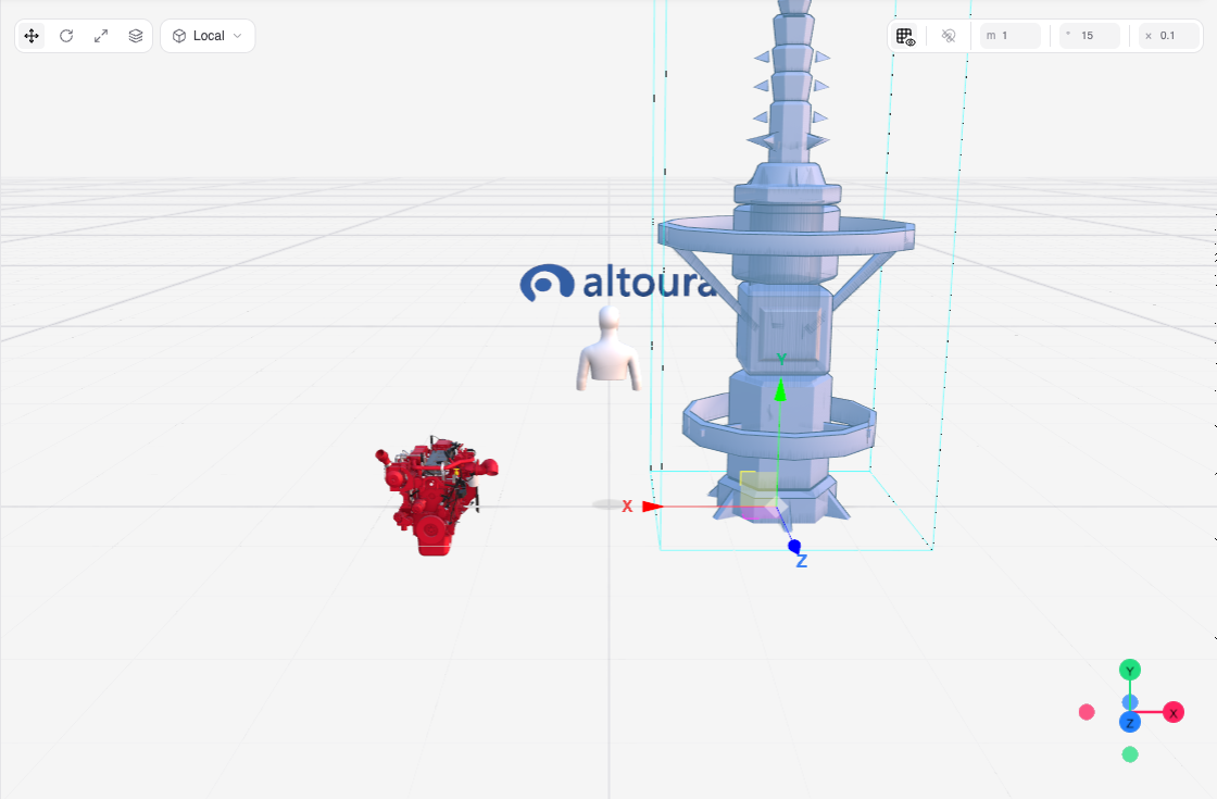 Viewport with a model selected and the Move gizmo visible, the gizmo toolbar at top left, the snap toolbar at top right, and the axis widget at bottom right