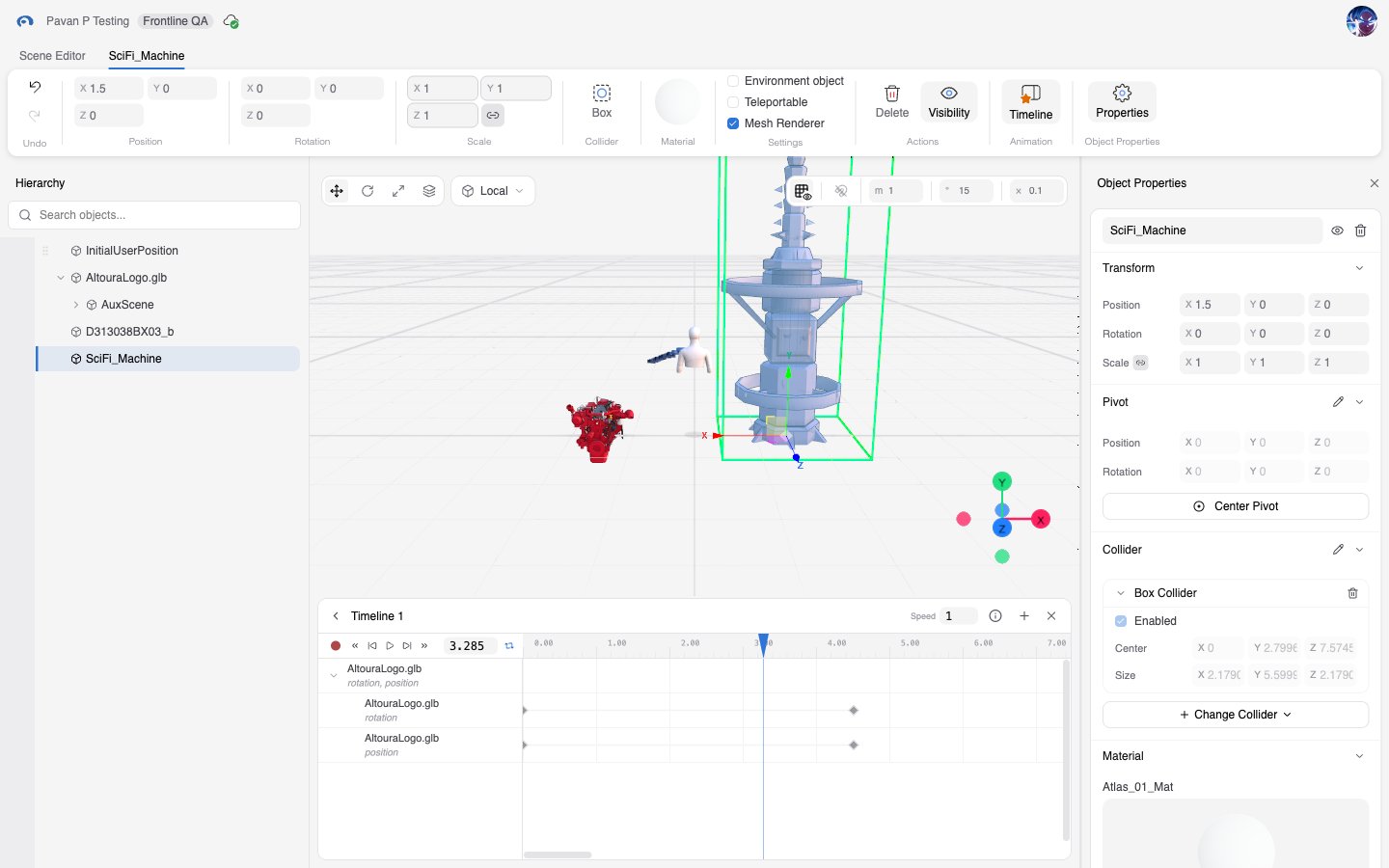 Scene Editor workspace with a model selected, the Object Properties pane on the right, and the Timeline panel open below the viewport