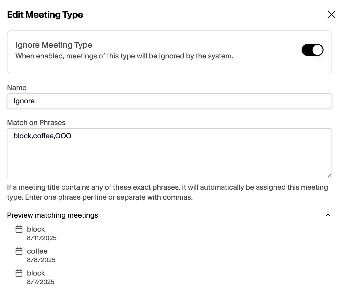 Ignoremeetingmeetinglevel