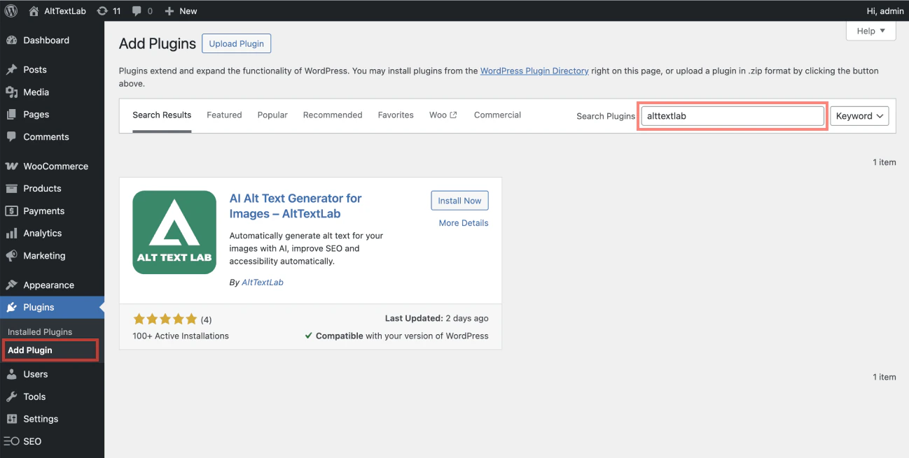 WordPress plugins page with search bar