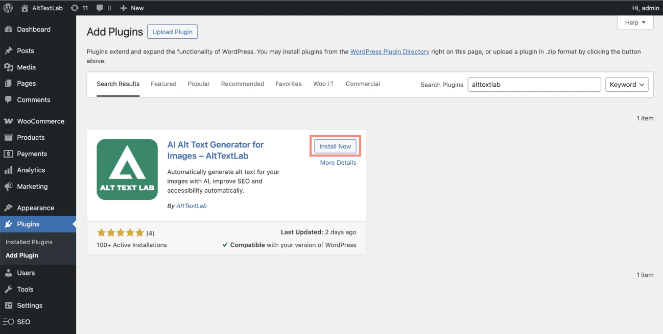 WordPress plugin installation page