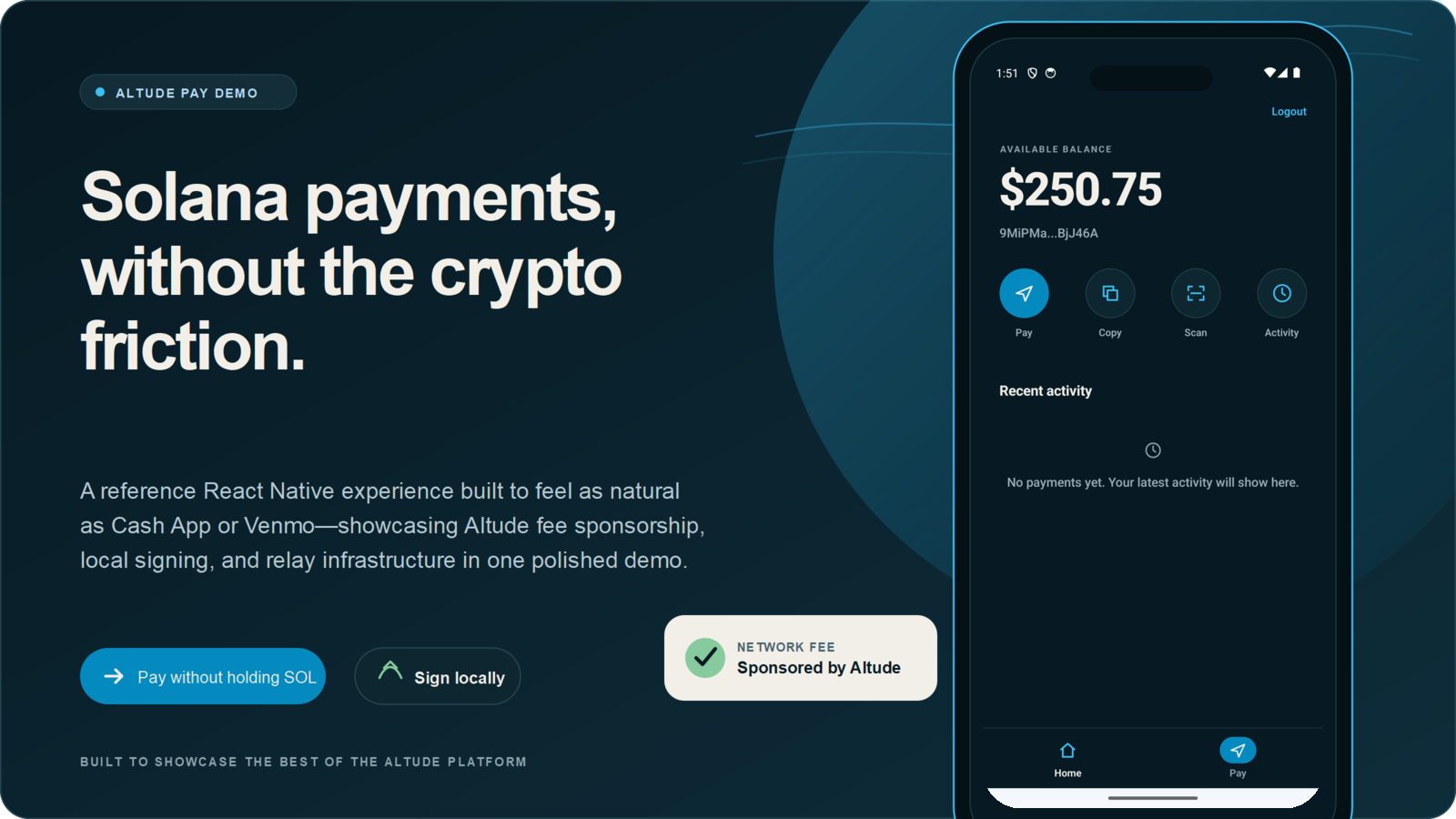 Altude Pay reference app showing a familiar consumer payment interface with an available balance, pay, scan, and activity actions