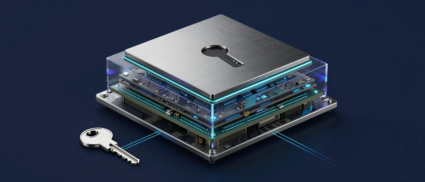 Conceptual illustration of a protected signing processor with layered circuitry and a separate user-held key.