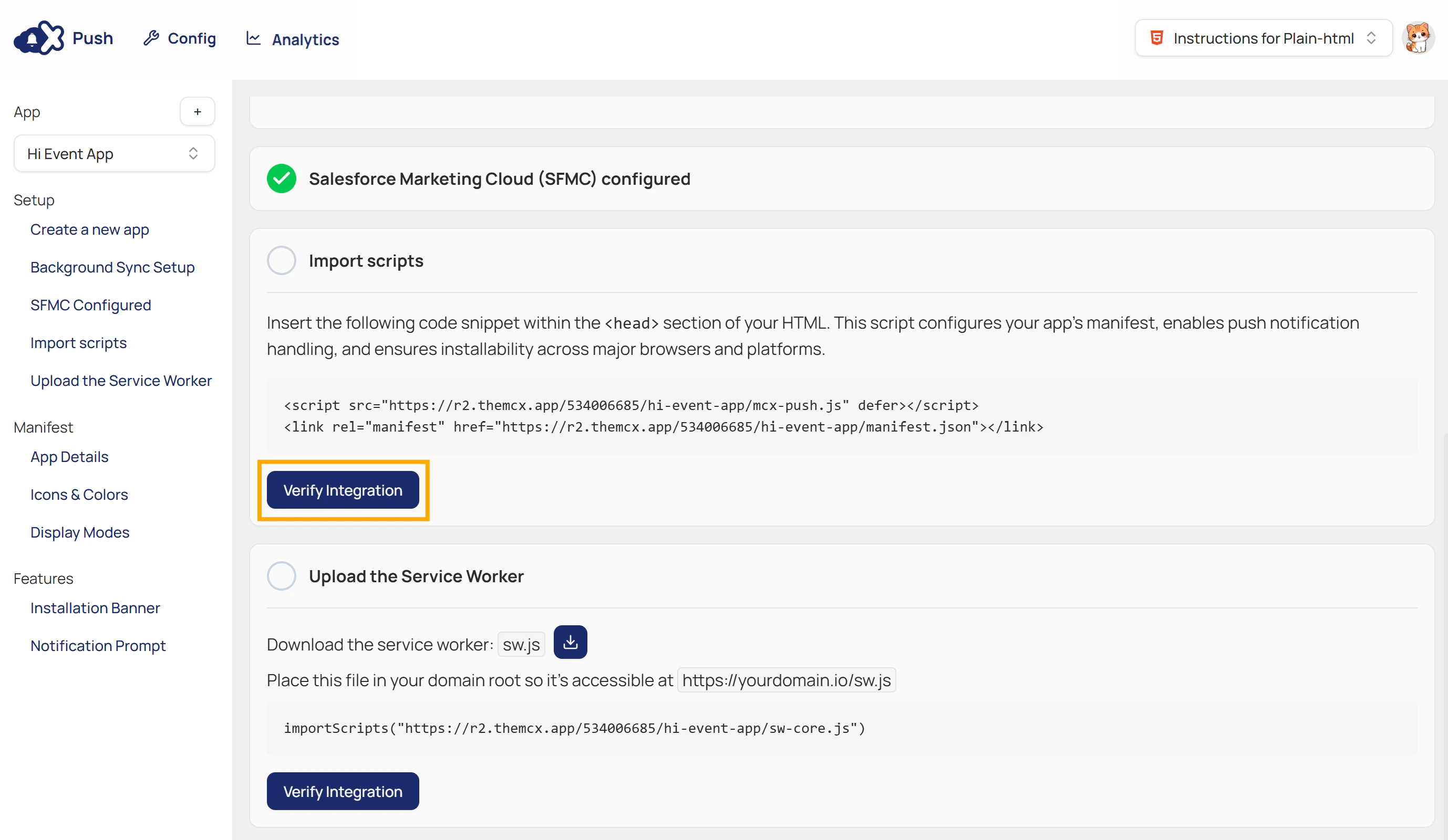 Click Verify Integration