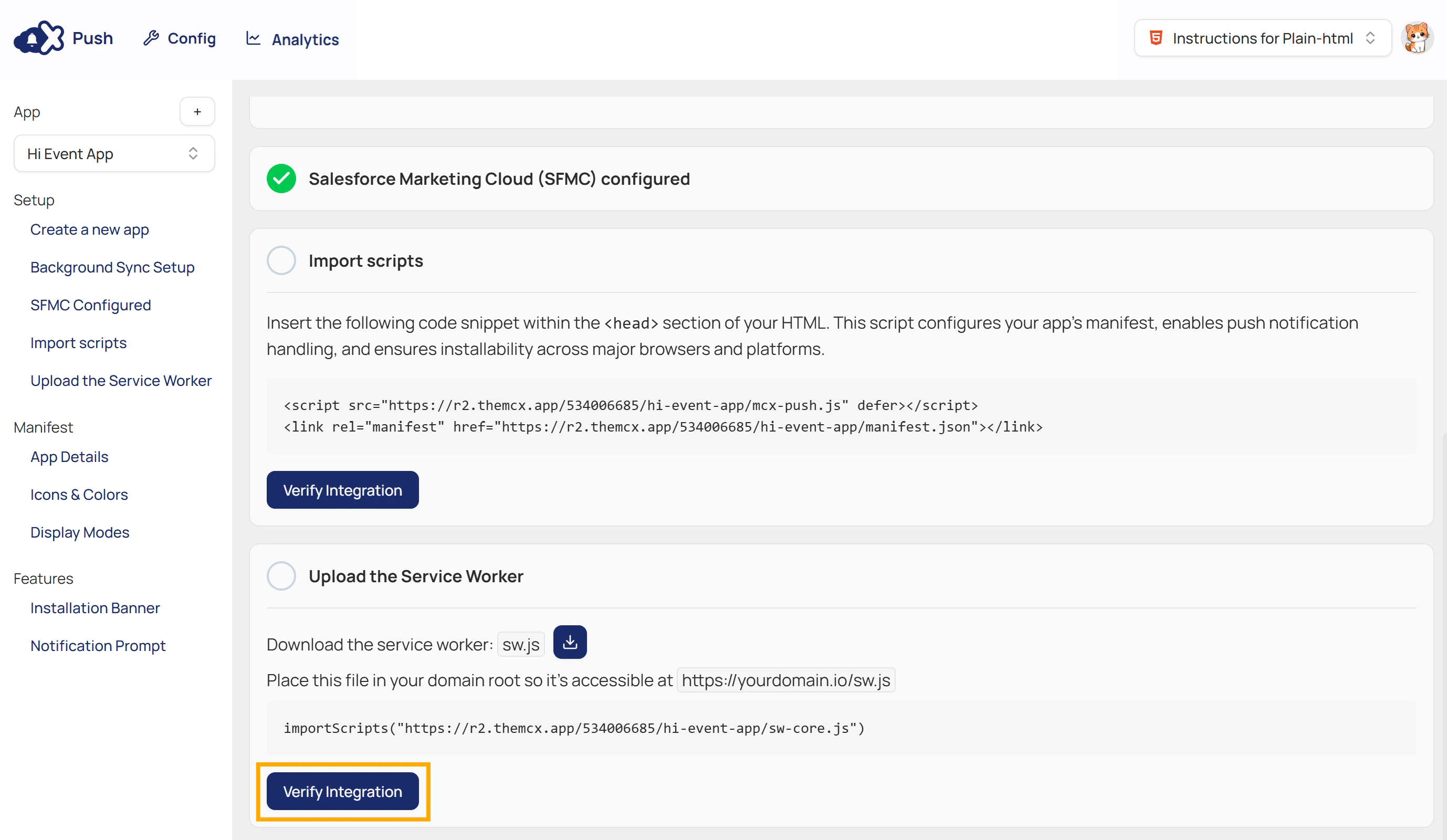 Click Verify Integration