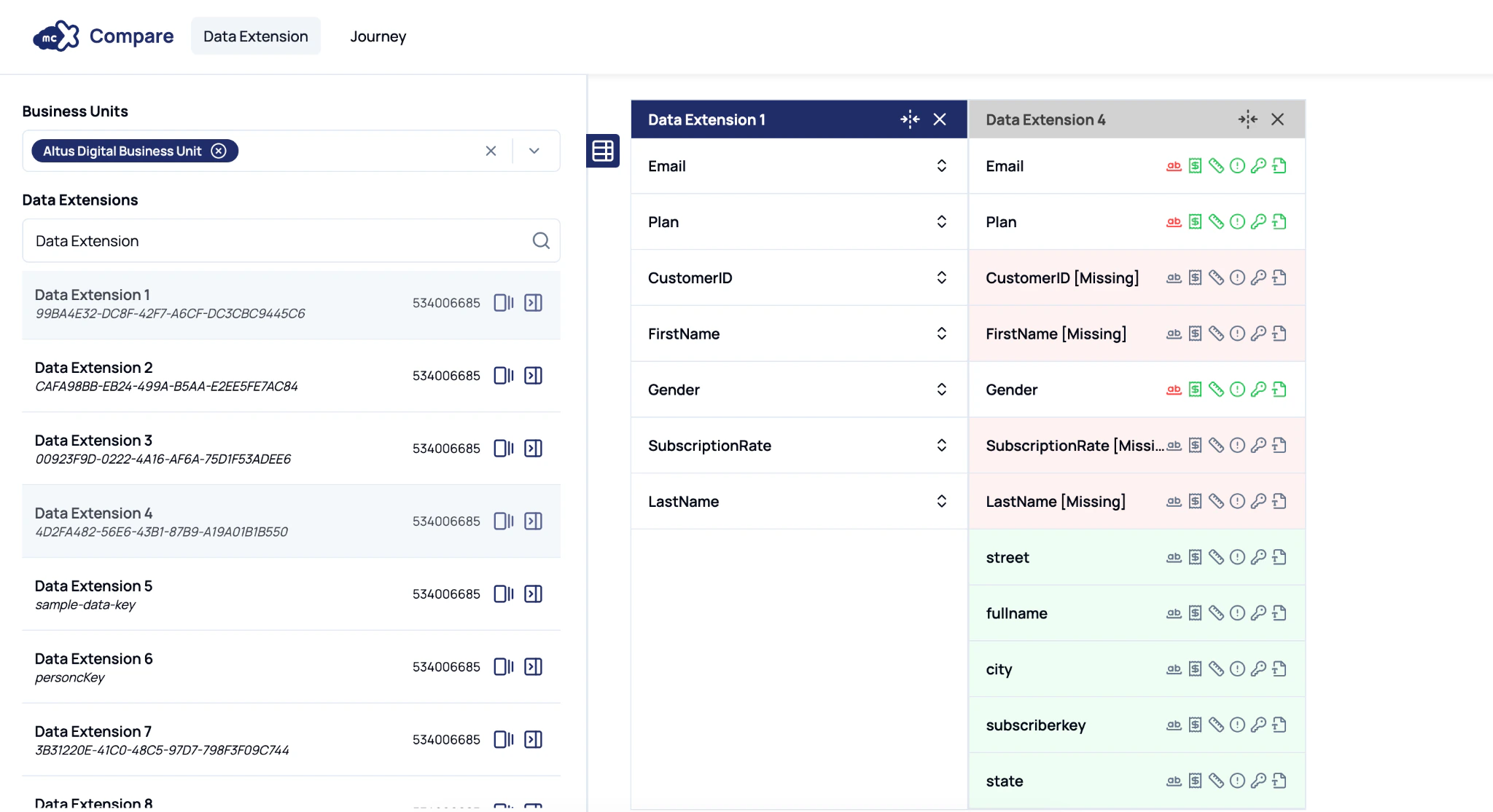 Compare to reference data extension