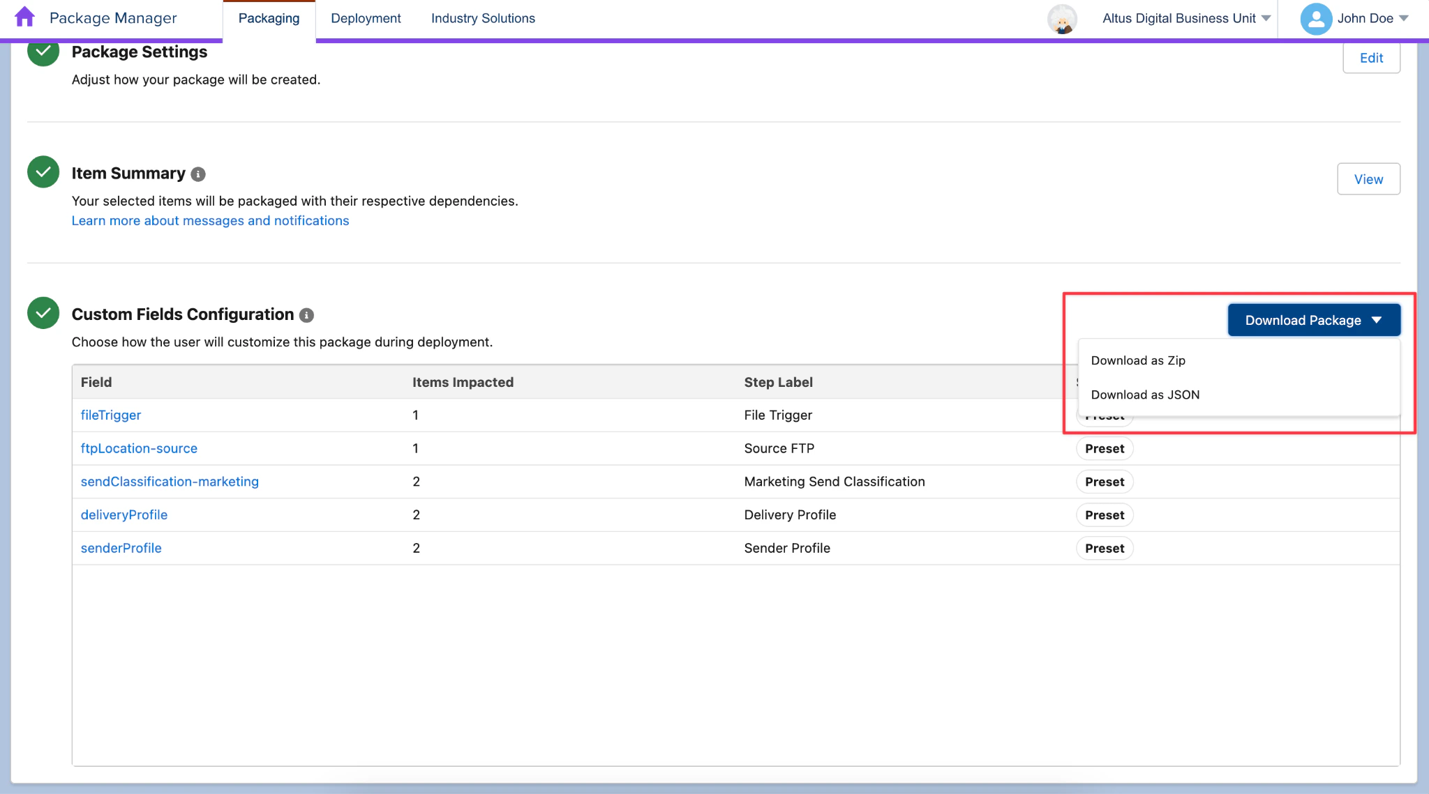 Download Package as JSON