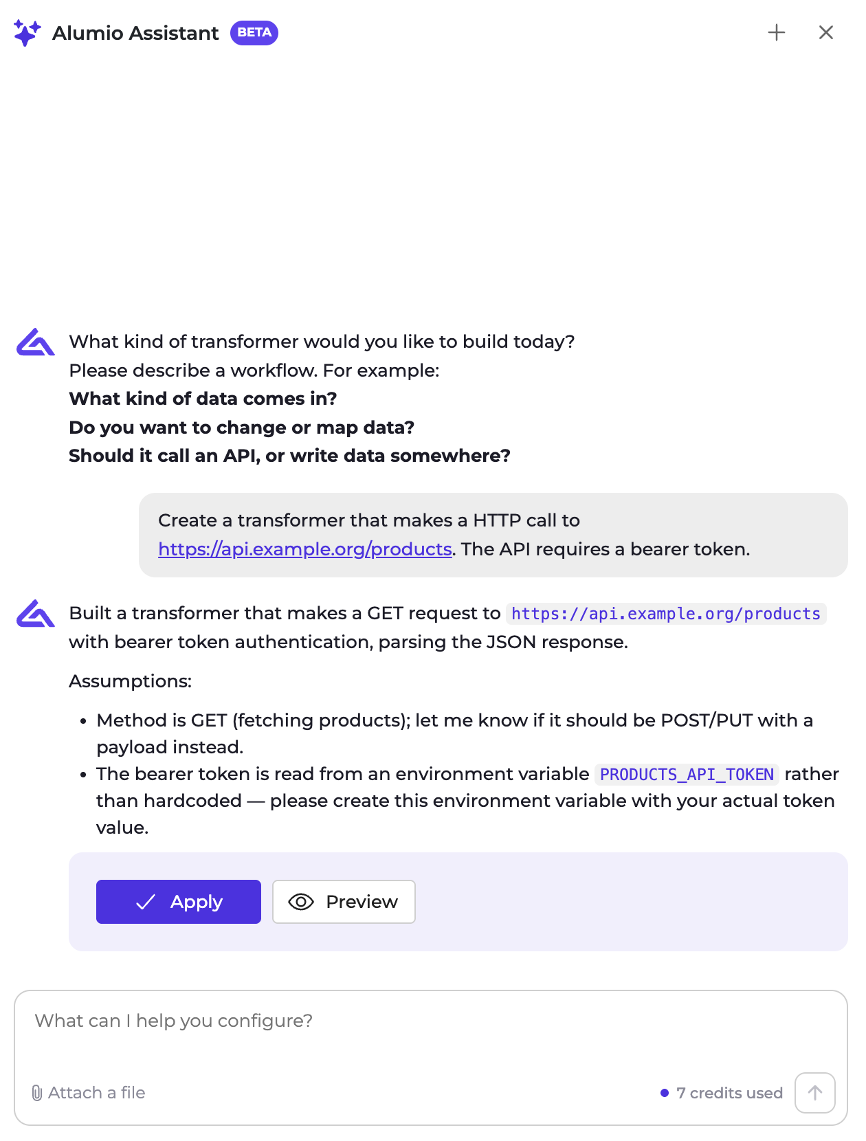 The Alumio Assistant building a transformer that calls a products API, with Apply and Preview buttons below its summary