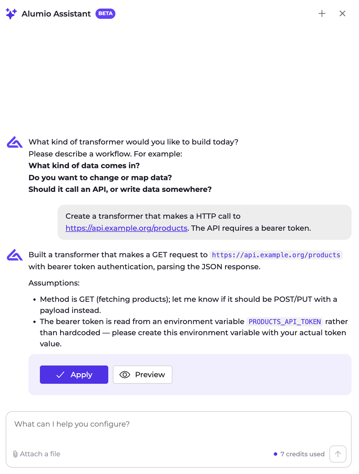 The Alumio Assistant building a transformer that calls a products API, with Apply and Preview buttons below its summary