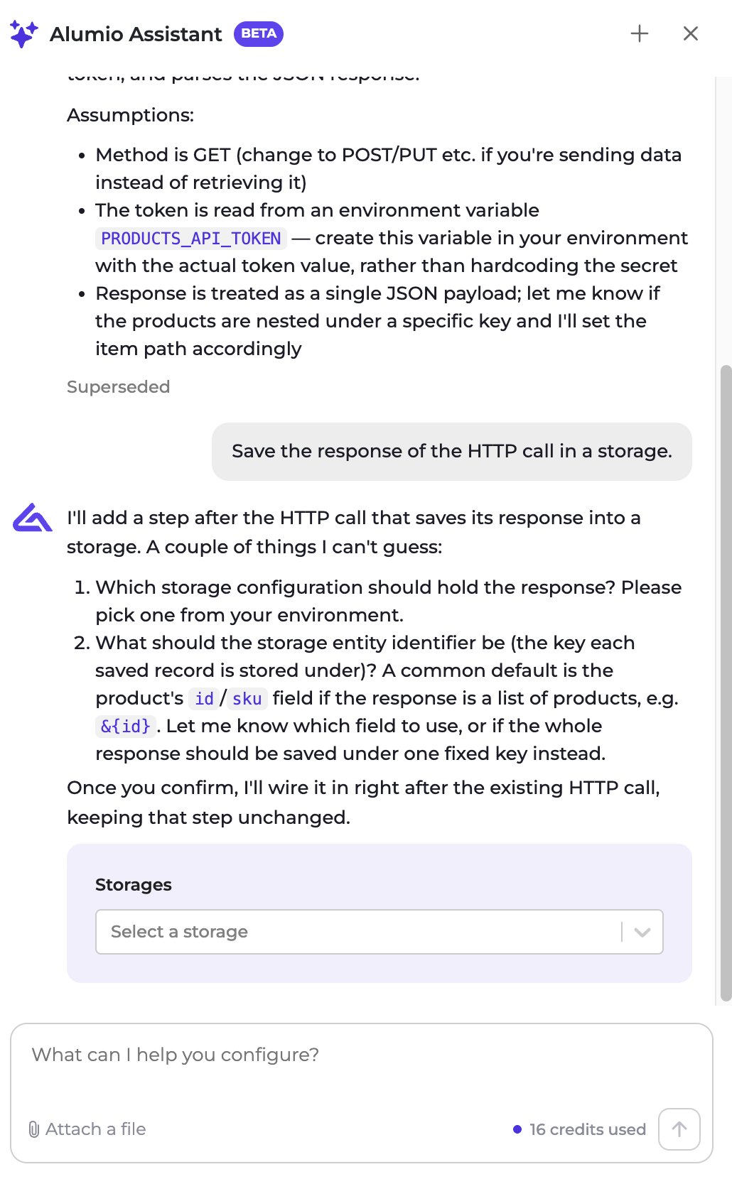 The Alumio Assistant asking which storage to use, with a Select a storage picker below its questions