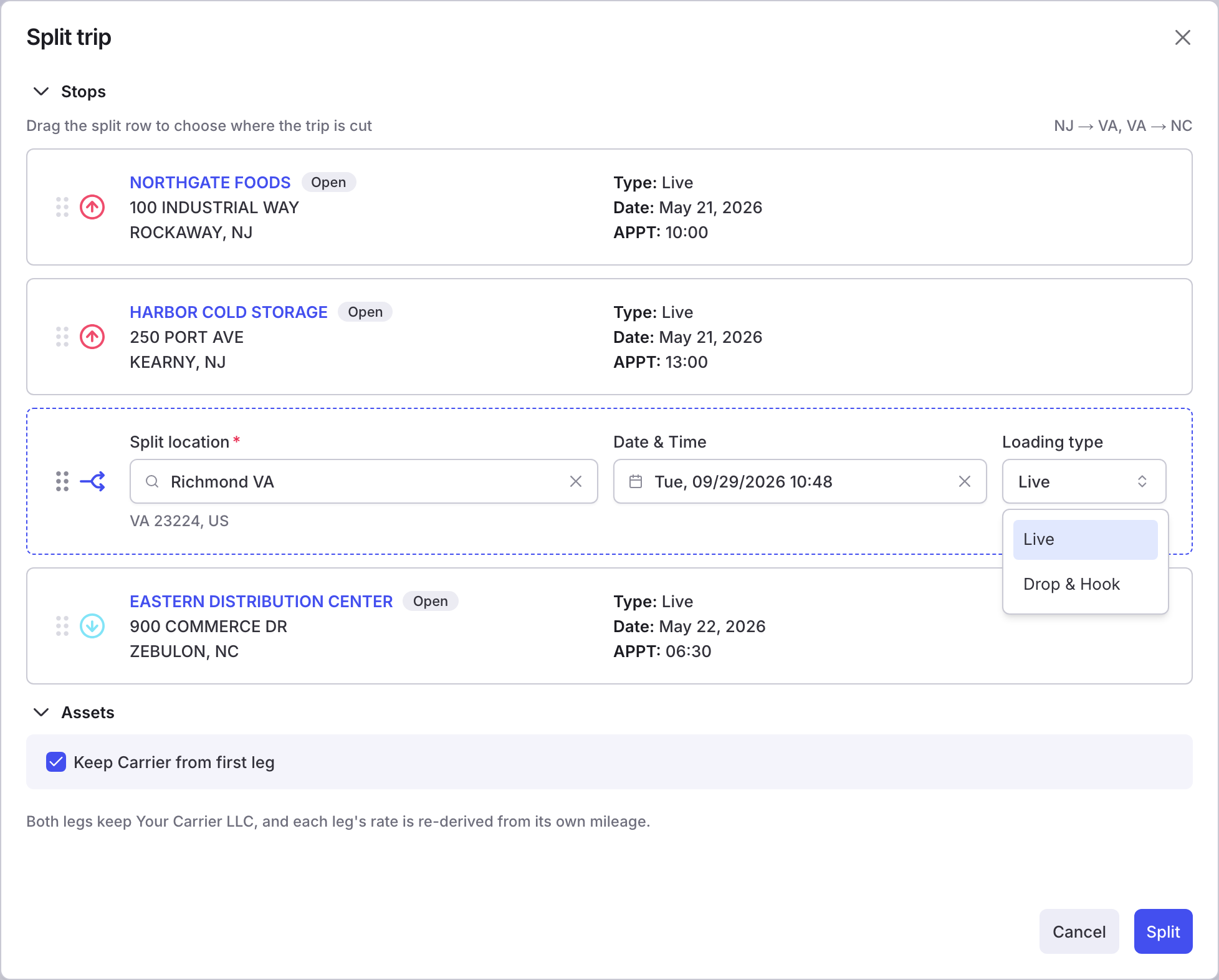 The Loading type list open on the split row, offering Live and Drop & Hook.