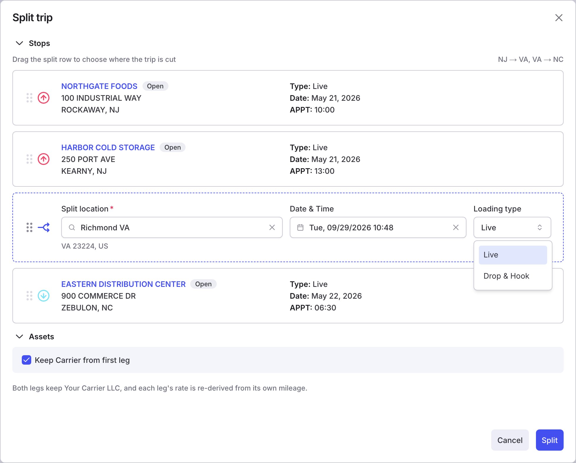 The Loading type list open on the split row, offering Live and Drop & Hook.