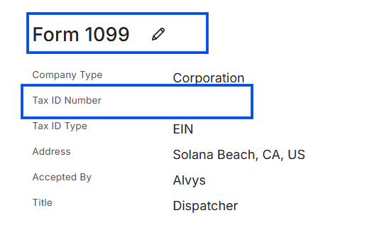 Carrier profile Form 1099 section showing Tax Identification Number