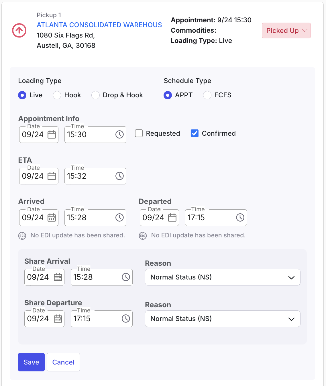 Stop card showing both Share Arrival and Share Departure fields together