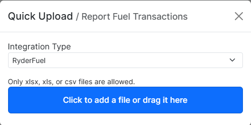the file upload pop-up with the Integration Type dropdown open and Ryder Fuel selected