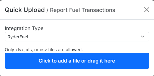 the file upload pop-up with the Integration Type dropdown open and Ryder Fuel selected