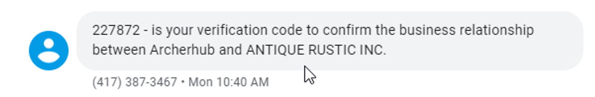 Verification code sent to FMCSA mobile phone. Shows an example of the SMS containing the 6-digit validation code.
