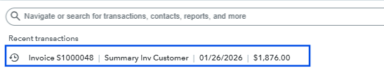 Image showing the QBO global transaction search bar in results with a blue box framing the record for summary invoice S1000048.