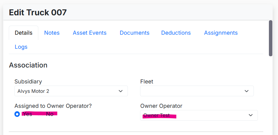 Truck list showing the Owner column with an Owner Operator name displayed next to each truck.