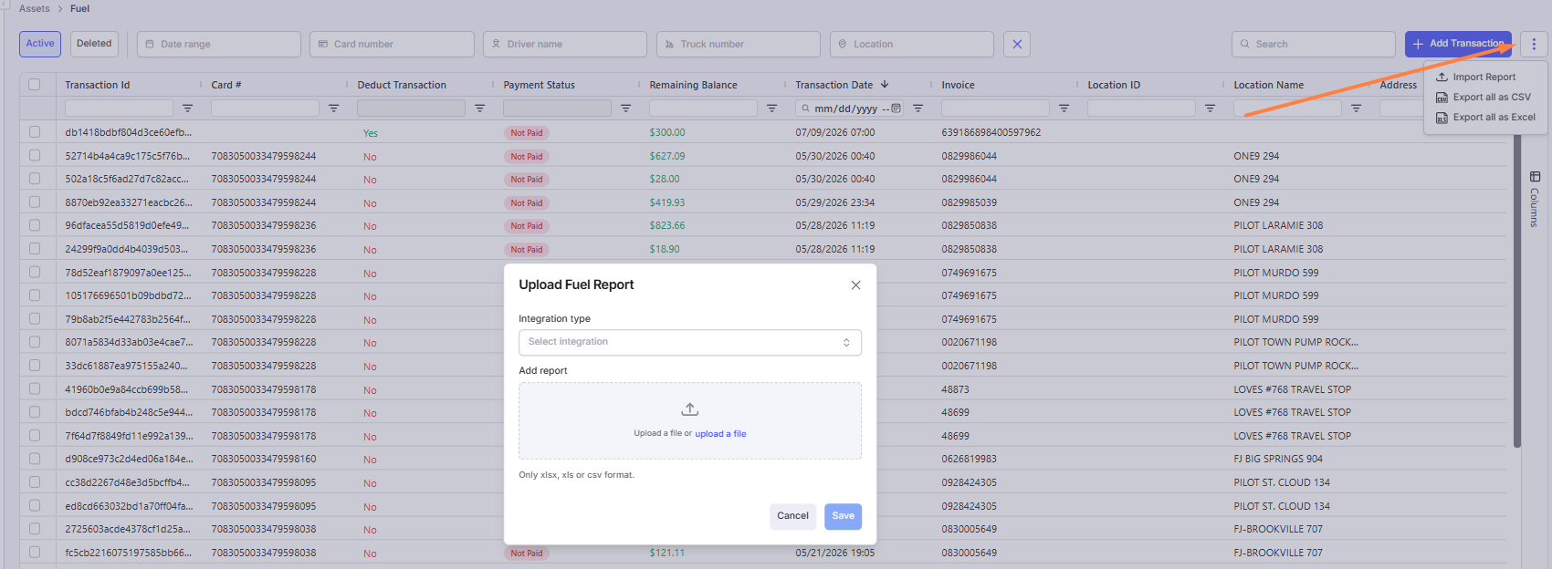 This image shows the Fuel Report page with the Transaction File Upload button visible