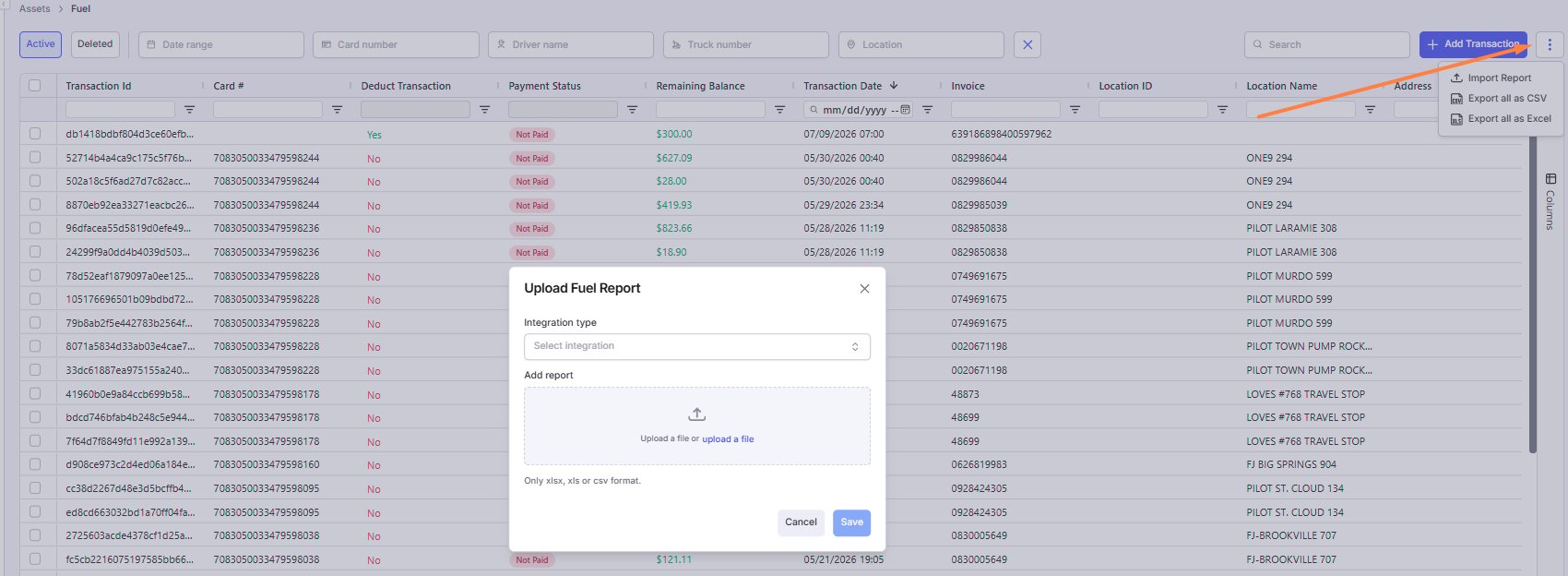 Esta imagen muestra la página Fuel Report con el botón Transaction File Upload visible