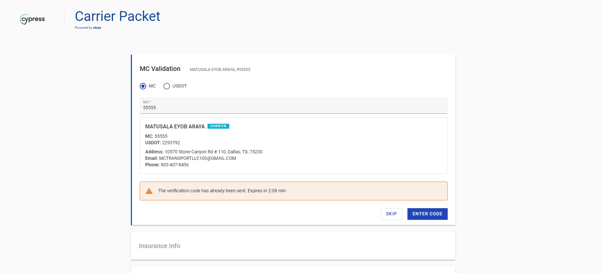 Motor Carrier Validation pending request. Shows the pending state indicator in the validation form while a code is still active.