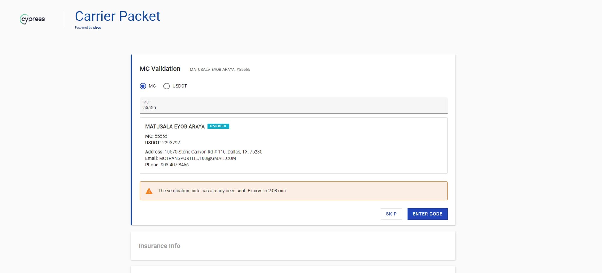 Motor Carrier Validation pending request. Shows the pending state indicator in the validation form while a code is still active.