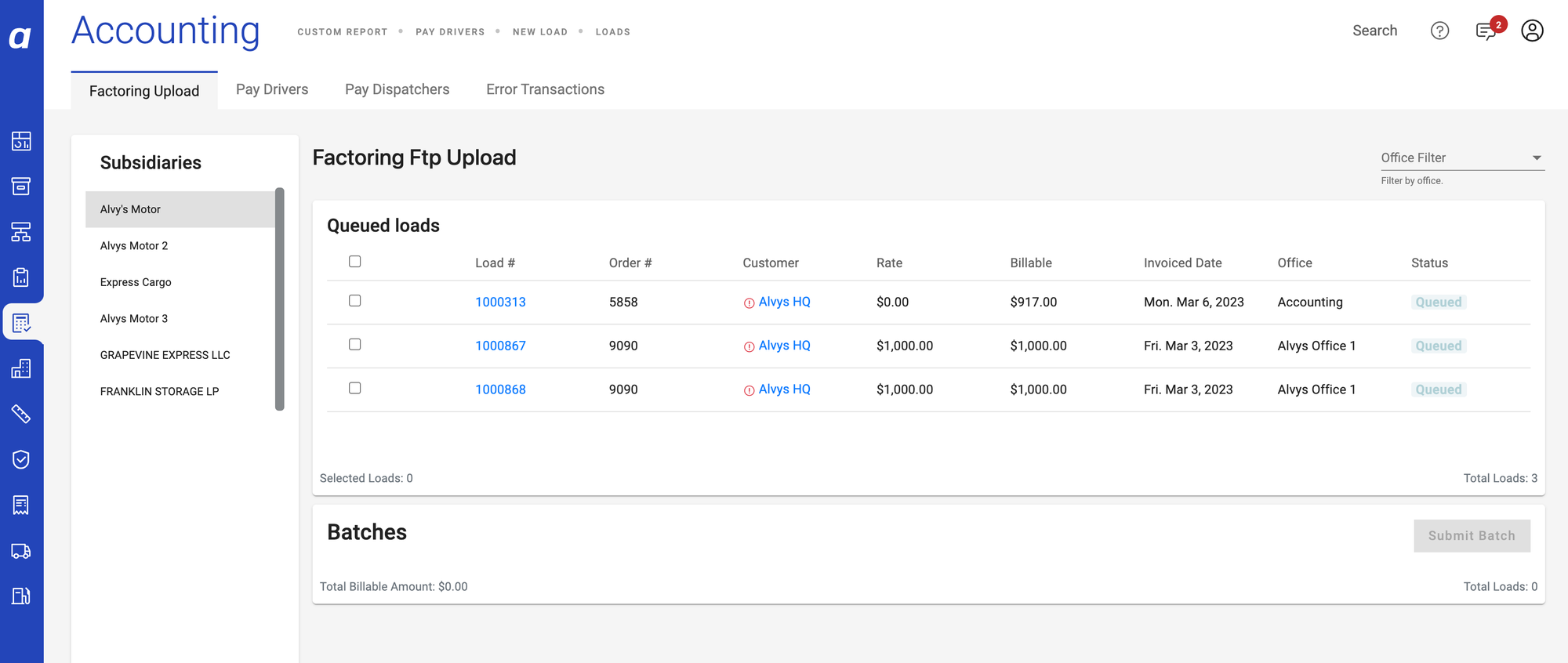 Screenshot showing the Factoring Upload queue with Queued loads selected