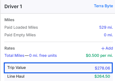 A driver money box card on a load, with the Trip Value row highlighted